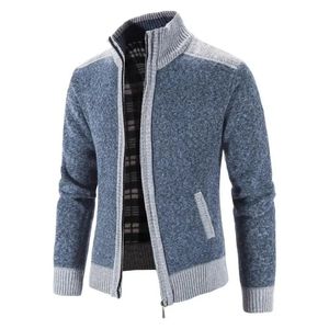 Hommes pull manteau mode Patchwork Cardigan hommes tricoté veste coupe ajustée col montant épais chaud manteaux 240113