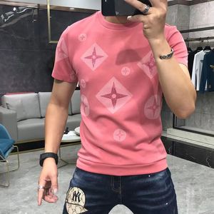 Camisetas para hombre Nueva impresión Rhinestone Casual Alta calidad Hombre Slim Tees Diseñador Camiseta Cuello redondo Manga corta Rosa Azul Negro M-5XL