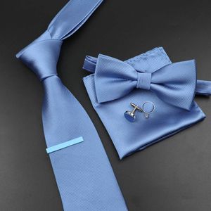 Tie à hommes Tie Bowtie Set Luxury Business Worker bleu noir Couleur solide Silk Polyester Jacquard Woven Coldie Suit Mariage Party 240407