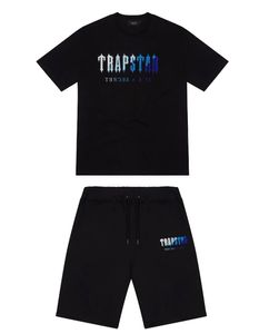 Camiseta Trapstar para hombre, traje estampado de manga corta, chándal de chenilla, algodón negro, ropa de calle de Londres S-2XL