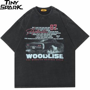 Camisetas para hombre, ropa de calle, camiseta de hip hop, camiseta de gran tamaño con gráfico de coche vintage lavado, top suelto de algodón negro Harajuku 230707