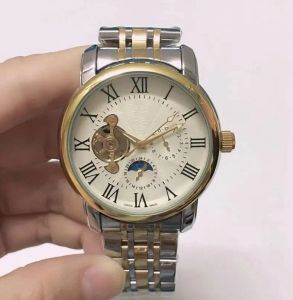 Relojes para hombre Reloj de lujo mecánico automático de moda Correa de cuero Fecha de día Relojes de pulsera con movimiento de fase lunar para hombres Día del padre