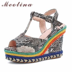 Meotina Sandals Women T-Strap Alpargata Plataforma Super High Heel Shoes Snake Print Peep Toe Wedge Heels Sandals Summer Size 43 210608
