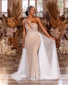 Robe de mariée sirène Aso Ebi, avec cape en Tulle, asymétrique épaule dénudée, paillettes, perles, robe de mariée Sexy