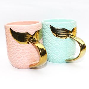 Cola de sirena Taza de cerámica Mango de plata dorada Taza de viaje Taza de cerámica Tazas creativas Té Taza de café Desayuno Tazas de leche DH1098