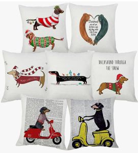 Feliz Navidad Dachshund salchicha perro funda de cojín pintura a mano perros fundas de cojines sofá tiro funda de almohada decorativa de lino 4731514