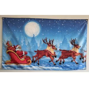 Bandera de Feliz Navidad Papá Noel con alce en la noche de luna de nieve para dar regalos banderas de tela de poliéster de 3x5 pies