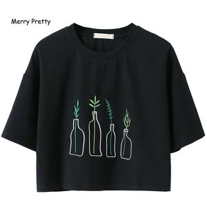 Merry Pretty Harajuku Verano Camiseta negra Mujer Botella Plantas Bordado Algodón Crop Tops Manga corta Punk Camisetas cortas Top T200512