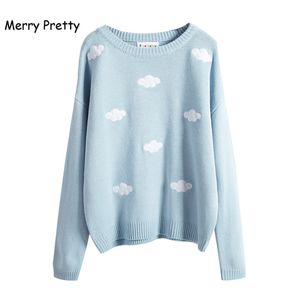 Joyeux jolies femmes hiver automne nuages ciel broderie pull couleur bonbon pulls solides lâches dames chaudes pulls à tricoter LJ201113