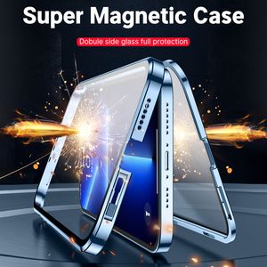 Super Magnetic Phone Case For iPhone 14 13 12 11 Pro Max X XS 8 7 14 Plus 13 12Mini Metal Frame Double Sided Tempered Glass Camera Lens Protection Full Protective Cover