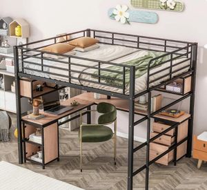 Cama loft de metal con estantería, escritorio y ensamblaje de gabinetes requeridos Material de alta calidad y construcción sólida de alta calidad