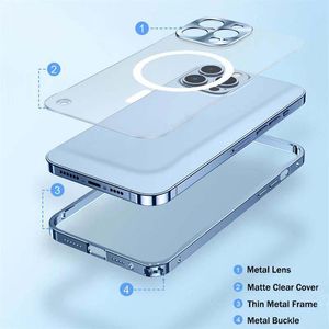 Étuis magnétiques en métal cadre en alliage d'aluminium pour étui de téléphone de charge sans fil pour iPhone 14 13 12 11 Pro Mini Max translucide mat