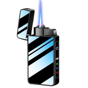 Briquet USB Plasma à double Arc en métal, coupe-vent pour l'extérieur, coupe-vent, flamme bleue, torche Turbo droite, Butane, sans gaz, cigare