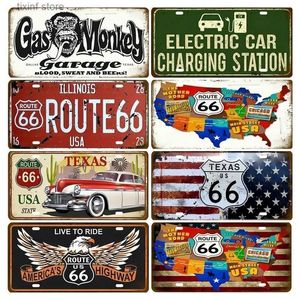 Peinture en métal Garage Voiture Rétro Route 66 Plaque D'immatriculation En Métal Affiches Sur Le Mur En Étain Signe Vintage Affiche Décor À La Maison Art Décoration T240309