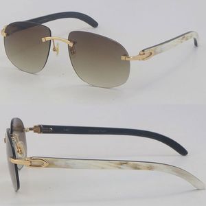 Lunettes de soleil en métal sans monture de luxe blanc à l'intérieur noir en corne de buffle Femme Design extérieur Modèle classique Lunettes de soleil Homme Mode Or 18 carats UV400 Taille de la monture ronde: 56