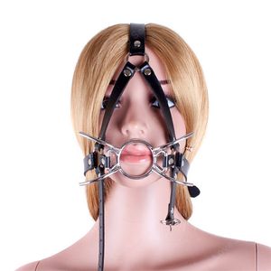 Máscara de arnés de cabeza de mordaza con anillo redondo de boca abierta de araña de Metal en juegos para adultos ataduras de Bondage de cuero PU juguetes sexuales para mamadas para parejas