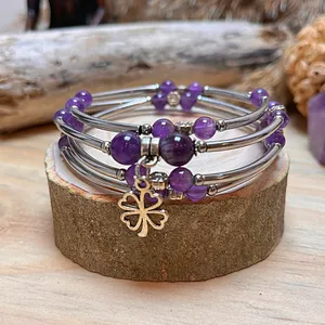 MG2035-7 nuevo diseño de acero inoxidable pulsera envolvente de piedras preciosas moda mujer trébol encanto amatista lapislázuli brazalete de piedra lunar