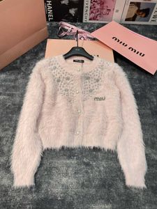 Mi automne hiver nouveau Style doux industrie lourde plein diamant décoration Imitation vison cheveux court tricoté Cardigan