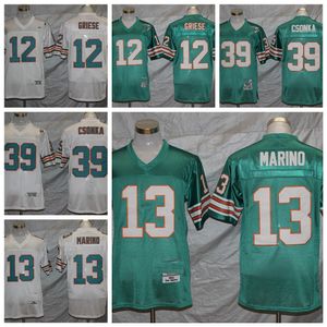 Mi08 Mens Vintage Football Jerseys 12 Bob Griese 13 Dan Marino 39 Larry Csonka Retro Jersey Nombre cosido Teal Green Shirts M-XXXL