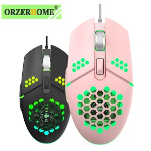 Ratones ORZERHOME RGB Ratón de juegos con cable USB con ventilador de refrigeración 3200 DPI Honeycomb Hollow Sweatproof Wired Pink Gamer Ratones para computadora portátil PC