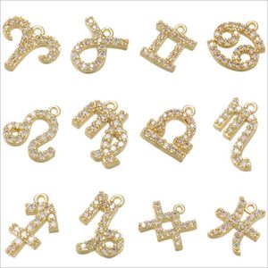 Micro Pave Constelaciones Encantos para Pendientes Collar Accesorios de joyería Latón amarillo Oro blanco Signos del zodiaco Pequeño colgante Pendientes Hallazgos en venta