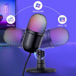 Microphones Microphone Microphone RGB Mic Mic Mute Bouton Microphone Condenseur avec prise de surveillance du bouton Gain pour enregistrer le podcasting de streaming