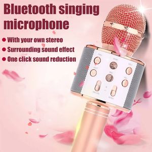 Microphones WS858 Microphone karaoké pour enfants chantant 5 en 1 sans fil Bluetooth avec lumières LED Machine micro Portable haut-parleur 231202