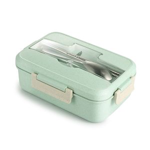 Caja Bento segura para microondas, contenedor de alimentos, caja rectangular dividida de tres rejillas, caja de almuerzo de paja de trigo con vajilla de acero inoxidable o PP