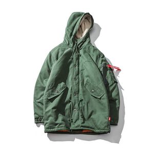 Mi-Long Style Japonais À Capuche En Coton Rembourré Vestes Hommes Vert Laine Doublure Épais Coupe-Vent Mode Parka Poches Manteaux Hoodies 210603