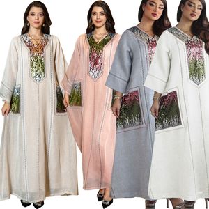 Midden-Oosten jalabiya Dubai Pailletten Geborduurd Gewaad Ramadan Moslim Vrouwen Kleding Indonesië Arabisch Abaya Elegante Avondjurken Bescheiden mode vestidos musulmanes