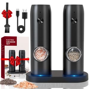 Mills Automatic Pepper Grinder Salt And USB Rechargeable Adjustable Coarseness Spice Mill With LED Light Kitchen Tool 231011