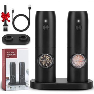 Mills Electric Automatic Salt and Pepper Grinder Set USB RechargeableBattery Powered Adjustable Coarseness Spice Mill with LED Light 230711