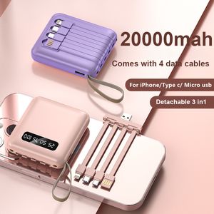 Mini 20000 mAh Power Bank voor iPhone Mobiele oplader Draagbare oplader Externe batterij LED Digitaal display USB Powerbank met draagkoord 4 kabels Snel opladen
