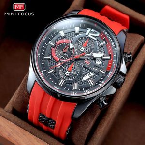 Mini focus Red Watch For Men Fashion Fashion Luxury Chronograph Quartz Quartz Quartz de bracelet avec bande de silicone Hands Luminal Date étanche 0350 240425
