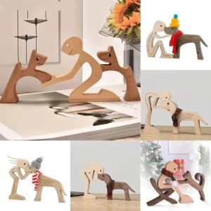 Miniatures mignonnes famille chiot bois chien artisanat ornement Figurine cadeau naturel pour la décoration de la maison accessoires sculptures faites à la main décor