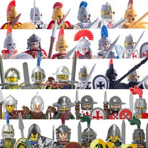 Minifig Medieval Militar Soldados romanos Figuras Conjuntos Bloques de construcción Castillo Caballeros Armas Espada Cascos Guerra Guerrero Ladrillos Juguetes W0329