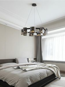 Lámparas de araña minimalistas para sala de estar, comedor, colgante largo de gama alta, anillo de cristal ahumado de color ámbar nórdico, lámparas de dormitorio de lujo
