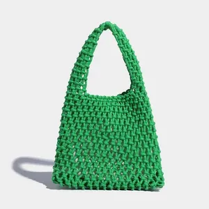 Minimaliste couleur unie Crochet sac à main été nouveau sac en maille creuse à la main tissé coton corde sac poignet sac plage vacances seau sac