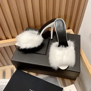 Zapatos de tacón alto de pelo de visón, sandalias recortadas con espalda abierta, zapatillas informales, tacones altos, diseñador de lujo para mujer, sandalia de punta redonda para mujer, zapato peludo para mujer de boda