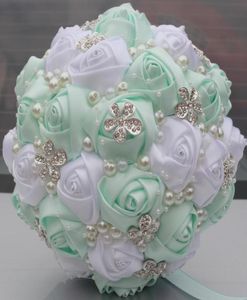 Bouquets de mariée de mariage menthe et blanc, fournitures de mariage, fleurs artificielles, perles, strass, doux 15 Bouquets de Quinceanera W224M9247038