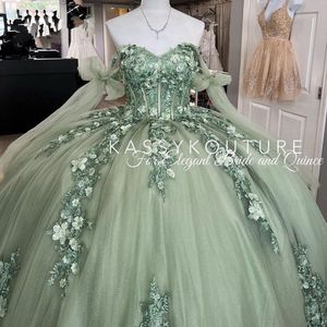 Robe princesse Quinceanera vert menthe, avec des Appliques florales, corset à lacets, épaules dénudées, robe De bal, 2023