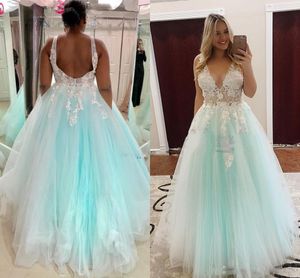 Mint Green Prom Dresses V Neck Backless Sweep Train Appliques Long Formal Evening Party Vestidos para Sweet 15 Graduation Dress Plus Size