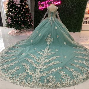 Jupe bouffante vert menthe princesse Quinceanera robes épaule appliquée perles de dentelle Gillter à lacets Corset Charro robe xv 15 anos