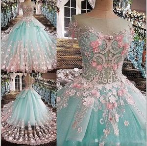 Abiti Quinceanera verde menta 3D Applique floreale Ricamo in rilievo Tiered Princess Sweet 15 16 Pageant Prom Ball Gown Custom Made