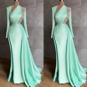 Mint Green Side Split Vestidos de baile Apliques Pliegues Vestido de noche de manga larga Por encargo Tren de barrido Mujeres Vestido de fiesta formal de celebridades wly935