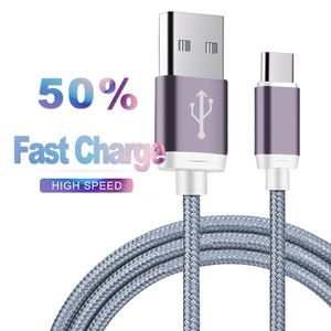 Câble USB de type C tressé en nylon USB 2.0 à 3.1 Câble de charge haute vitesse de type C Boîtier en métal Cordons de charge V8 pour téléphone intelligent iPhone Android dans un sac OPP