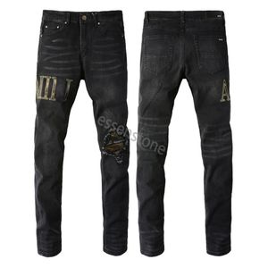 Miris imprimé broderie miri designer hommes jeans trou de moto luxe bleu denim hommes mode street wear hommes pantalons de créateur en gros Am Men's Distressed jean
