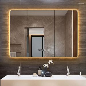 Espejos Rectángulo Montado en la pared Espejo inteligente en el baño con luz LED Pantalla de tiempo / temperatura Interruptor táctil antivaho Vanidad
