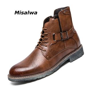 Misalwa Hombres Retro Tobillo Vestido Bota High Top Oxford Zapato de seguridad Hombre Estilo ruso Cremallera Antideslizante Botas tácticas de cuero 201019