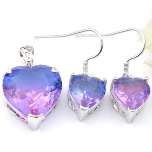 Luckyshien Ensembles de mariage en gros en forme de coeur Bi couleur Tourmaline Cristal Zircon 925 Boucles d'oreilles en argent Pendentifs pour colliers Ensembles de bijoux